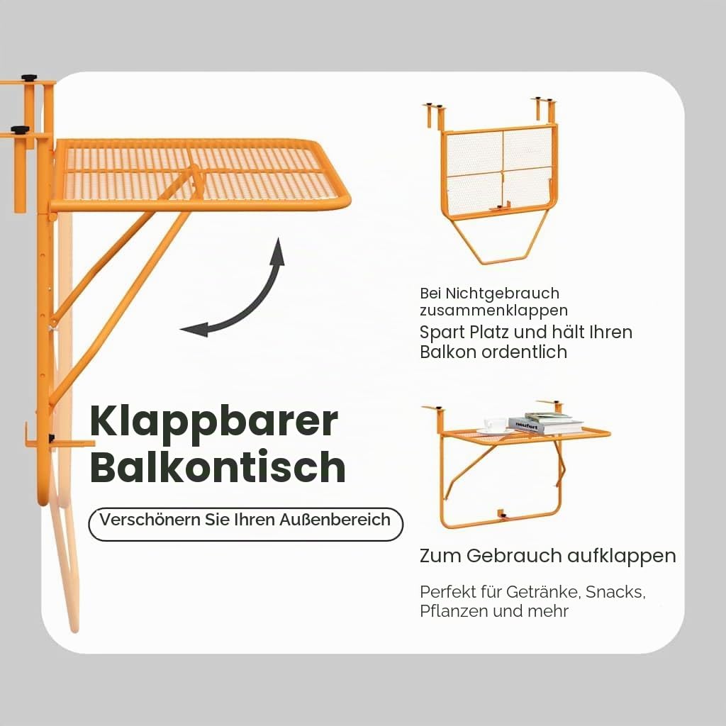 vidaXL Balkontisch Klappbar Balkonhängetisch Hängetisch Klapptisch Gartentisch Tisch Balkon Beistelltisch Balkonklapptisch Gelb 60x40cm Stahl