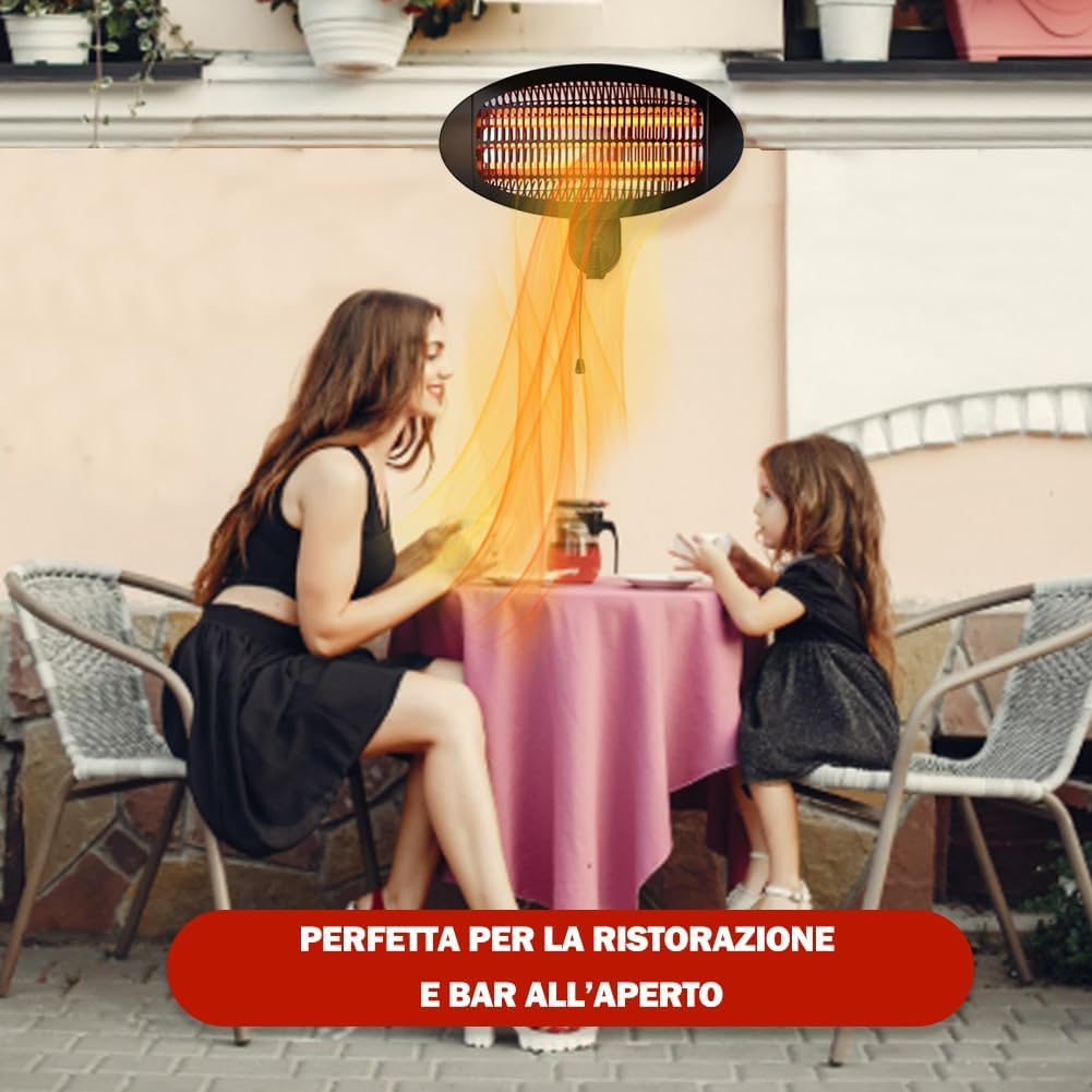 BAKAJI heater showing weather resistance, aluminum frame, and safety grill