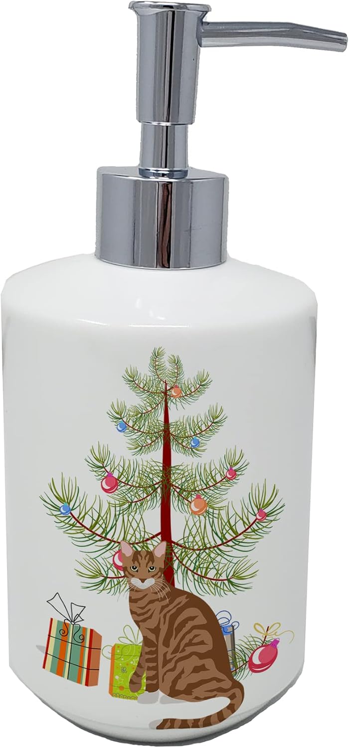 Caroline's Treasures CK4806SOAP Toyger Cat Merry Christmas Ceramic Soap Dispenser Hand Soap Dispenser Pump Bottles for Bathroom Kitchen, Empty Refillable Liquid Soap Container