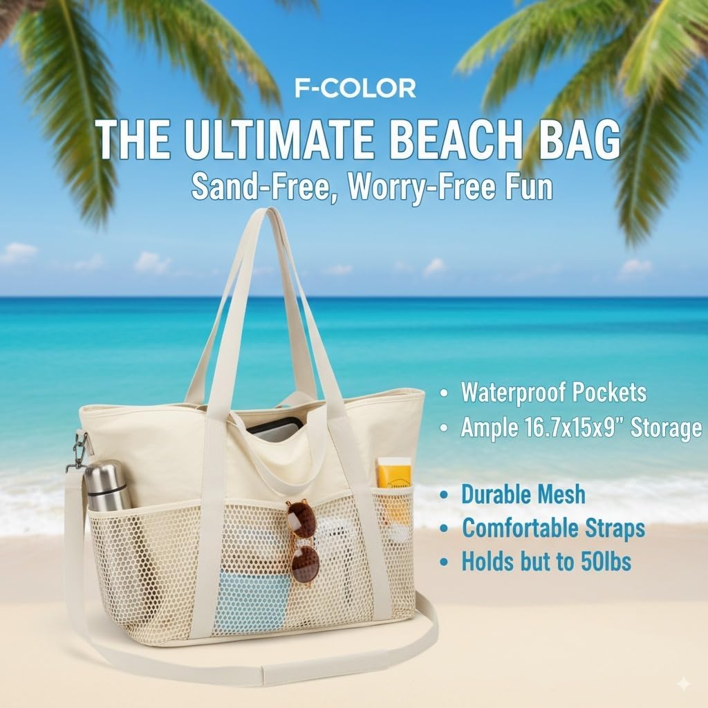 F-color Waterproof Beach Bags for Women - Machine Washable Travel Tote Bag with Zipper Cruise Swim Vacation Essentials - Image 8