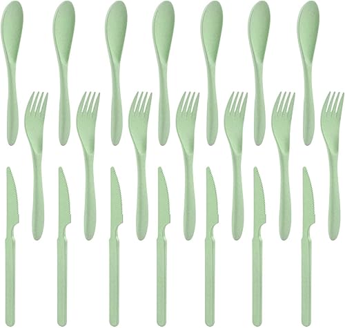 Forks - Juego de cubiertos de paja de trigo de 21 piezas, juego de utensilios reutilizables para 7, utensilios irrompibles y ligeros para fiestas,