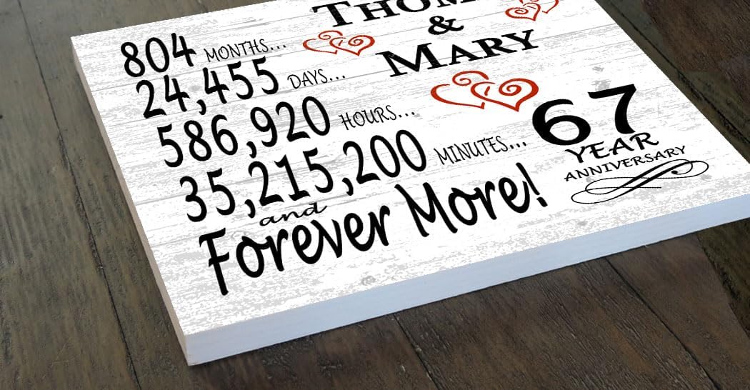 67th Anniversary Sign – Personalized 67 Year Gift Plaque - 67th Wedding Anniversary Present for for a Couple, Husband or Wife - Custom Names - Solid Wood