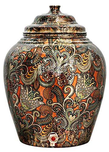 Image of IndianArtVilla Printed Design Copper Water Dispenser Pot Matka, Storage, Home Garden, 13 LTR, Orange