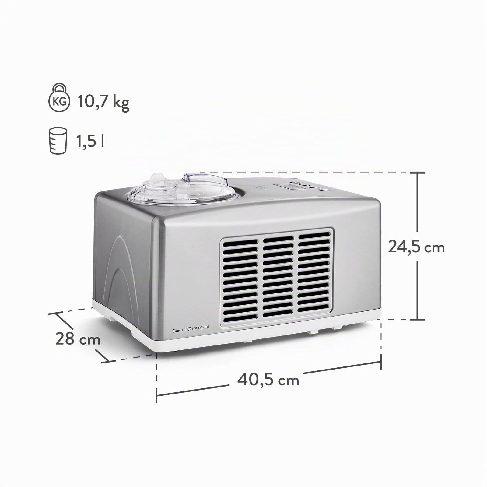 SPRINGLANE Sorbetière Emma 1,5 L avec compresseur auto-refroidissant 150 W, en acier inoxydable avec bac à glaçons amovible, avec livret de recettes (Argent)
