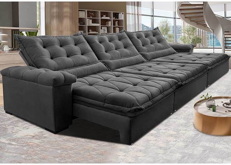 Sofá Retrátil e Reclinável 3,85m Cama Inbox Big Fresh com Softgeld40 Velupluma Cinza