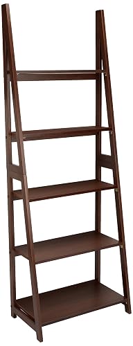 Amazon Basics Ladder Bookshelf Organizer, 5-Tier, Solid Rubberwood Frame, Walnut Finish, 14" D x 24.8" W x 70.1" H