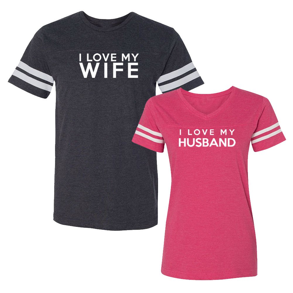 I Love My Wife I Love My Husband Matching Couples Football T-Shirt Set (Ladies Large, Mens Medium, Smoke & Pink)