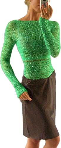 TOPGOD Camiseta de malla brillante para mujer de manga larga malla transparente color sólido brillante casual para fiesta en la calle sin espalda