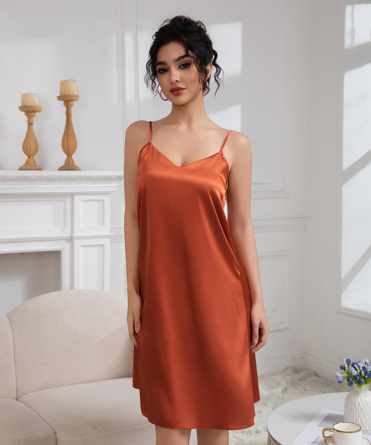 Maxbee Nightgowns for Women Silk Satin Sleepwear Adjustable Spaghetti Strap Sleepshirt Racerback Sleep Dress - Image 2