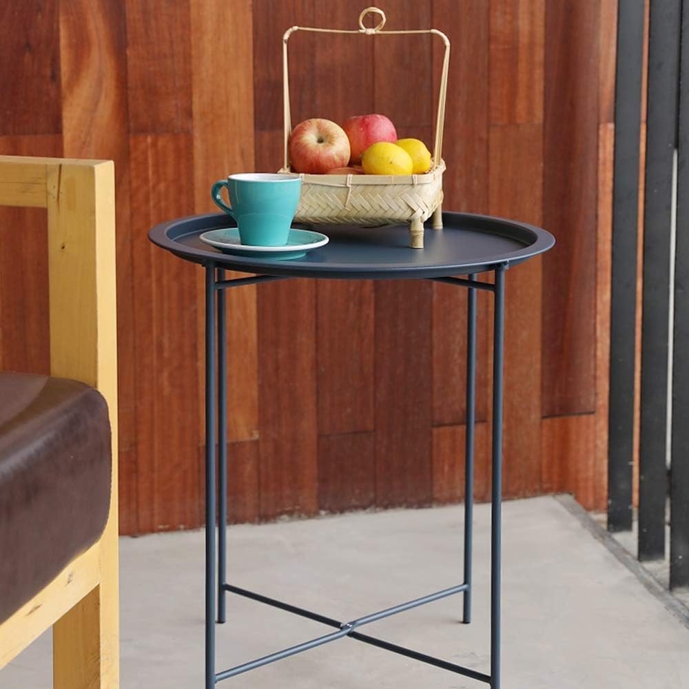 VECELO Modern End Side Tables,Round Metal Foldable Tray,Stable Snack Nightstand for Outdoors,Small Space,Living Room and Balcony, Blue, 18.5 in x 18.5 in x 19.7 in