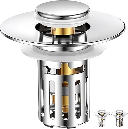 (2 Pc) 1s Installation - All Metal Bathroom Sink Stopper Fit 99% - 3 in 1 Universal Pop Up Sink Drain Strainer with Removable Stainless Steel Hair Catcher - Sink Stopper (1.1'' to 2.36'' inch) Basin