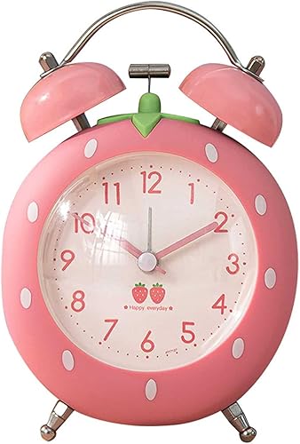 Bonito reloj despertador de fresa de 4 pulgadas para personas que duermen con luz de fondo, reloj despertador de campana doble ruidosa para niños,