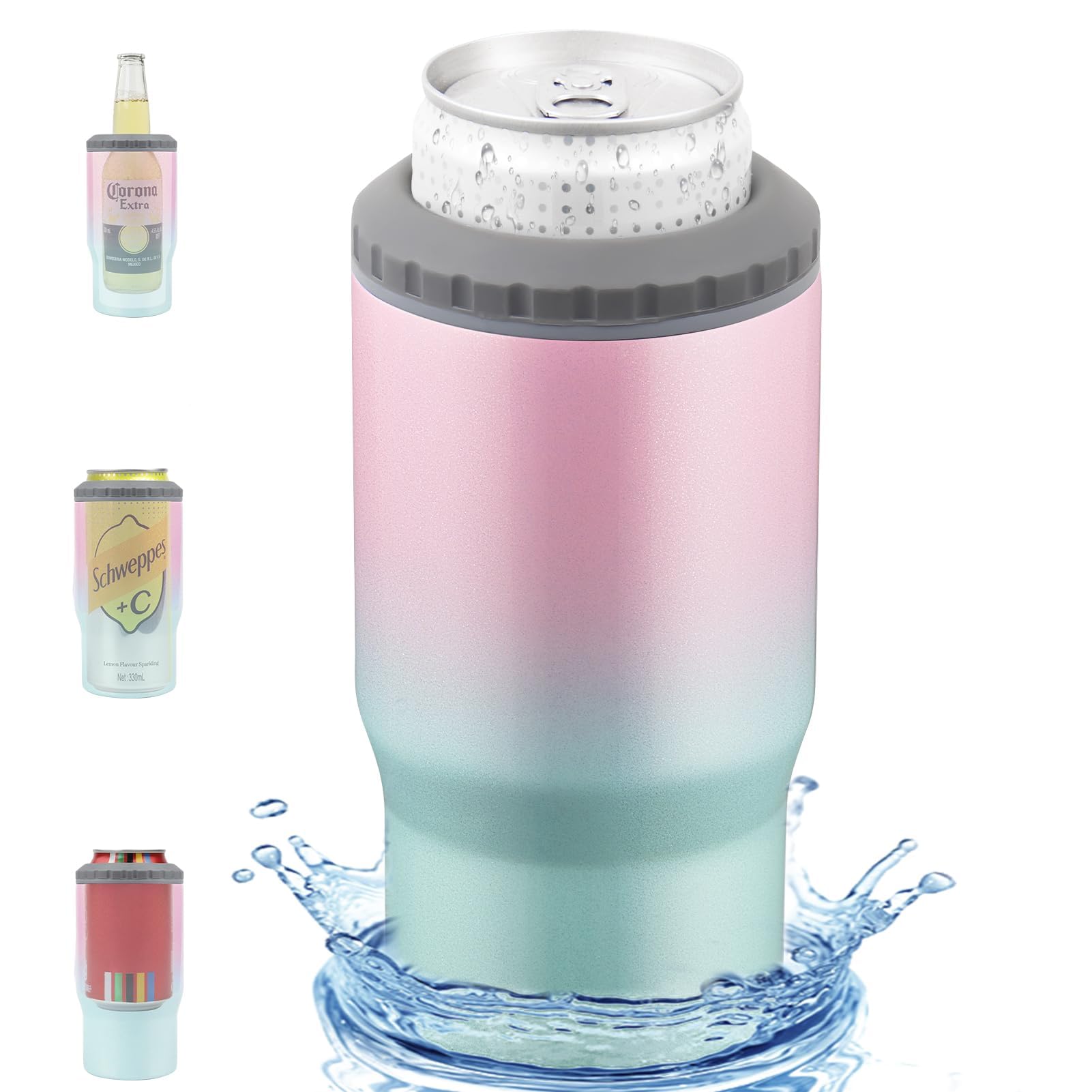 Can Cooler Water Bottle, 12oz Stainless Steel Beer Bottle with Fits Slim Skinny Bottle & Can, Non-Slip, Travel Mug Holder Chirstmas Gifts for Men Women | Pink