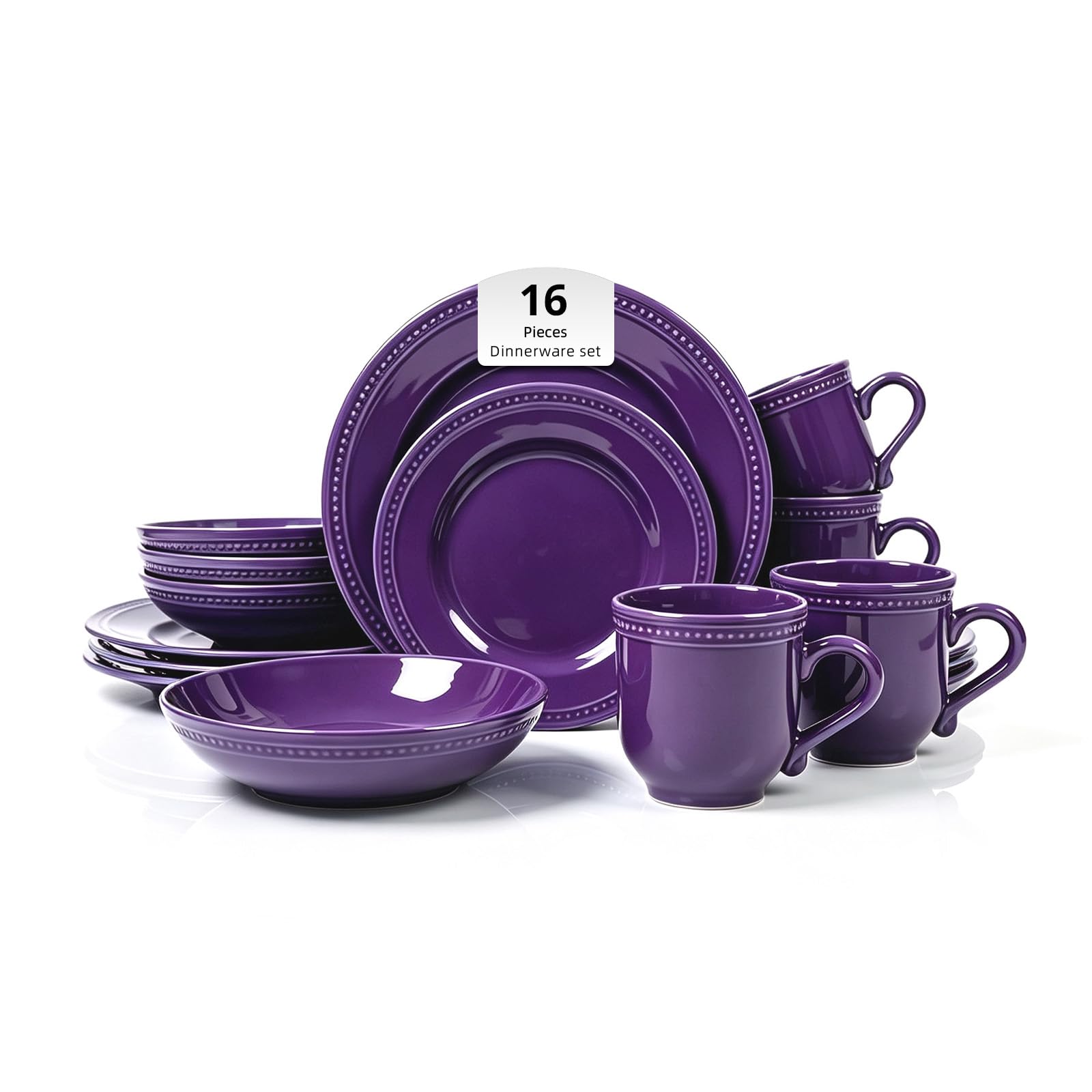 HomeVSS Tafelservice, 16-teiliges Steingut-Set für 4, Teller und Schüsseln, Set mit Tasse, spülmaschinen- & mikrowellengeeignet, splitter- und kratzfest, Serie Pearl Dot, Lila
