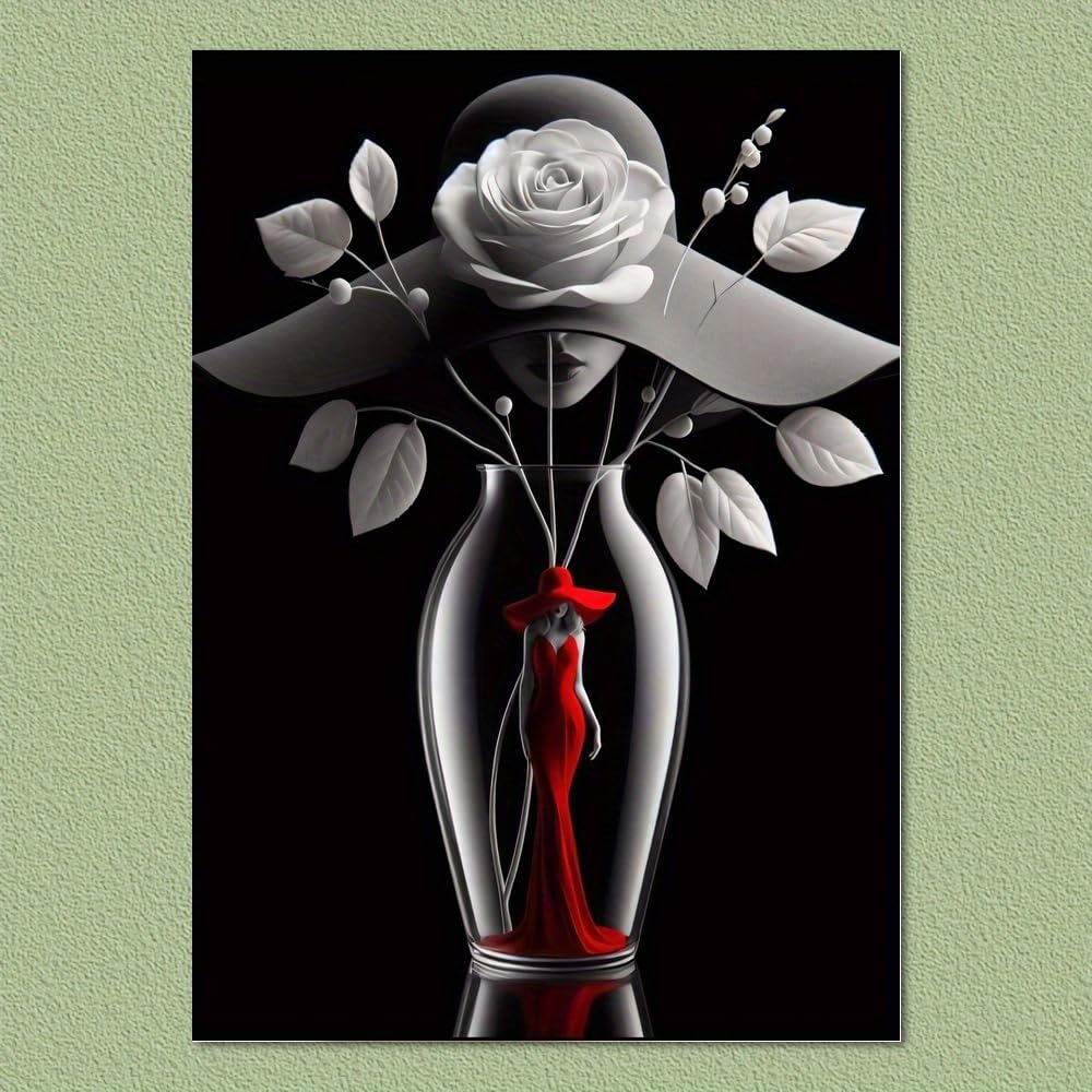1 cuadro de pared con la imagen de una hermosa mujer vestida de rojo, estilo animación con motivos florales, ideal para sala de estar, dormitorio o baño (55 x 75 cm con marco).