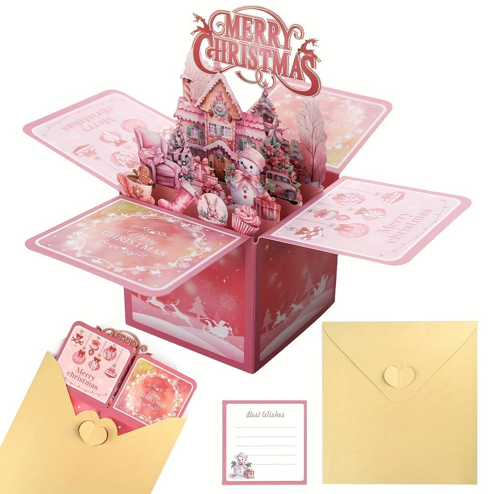 HANGDENGOPink 3D Pop-Up Merry Christmas Greeting Card, Cartoon Holiday Theme with Envelopes, Personalized Festive Holiday Wishes for Anyone (Pack of 1)