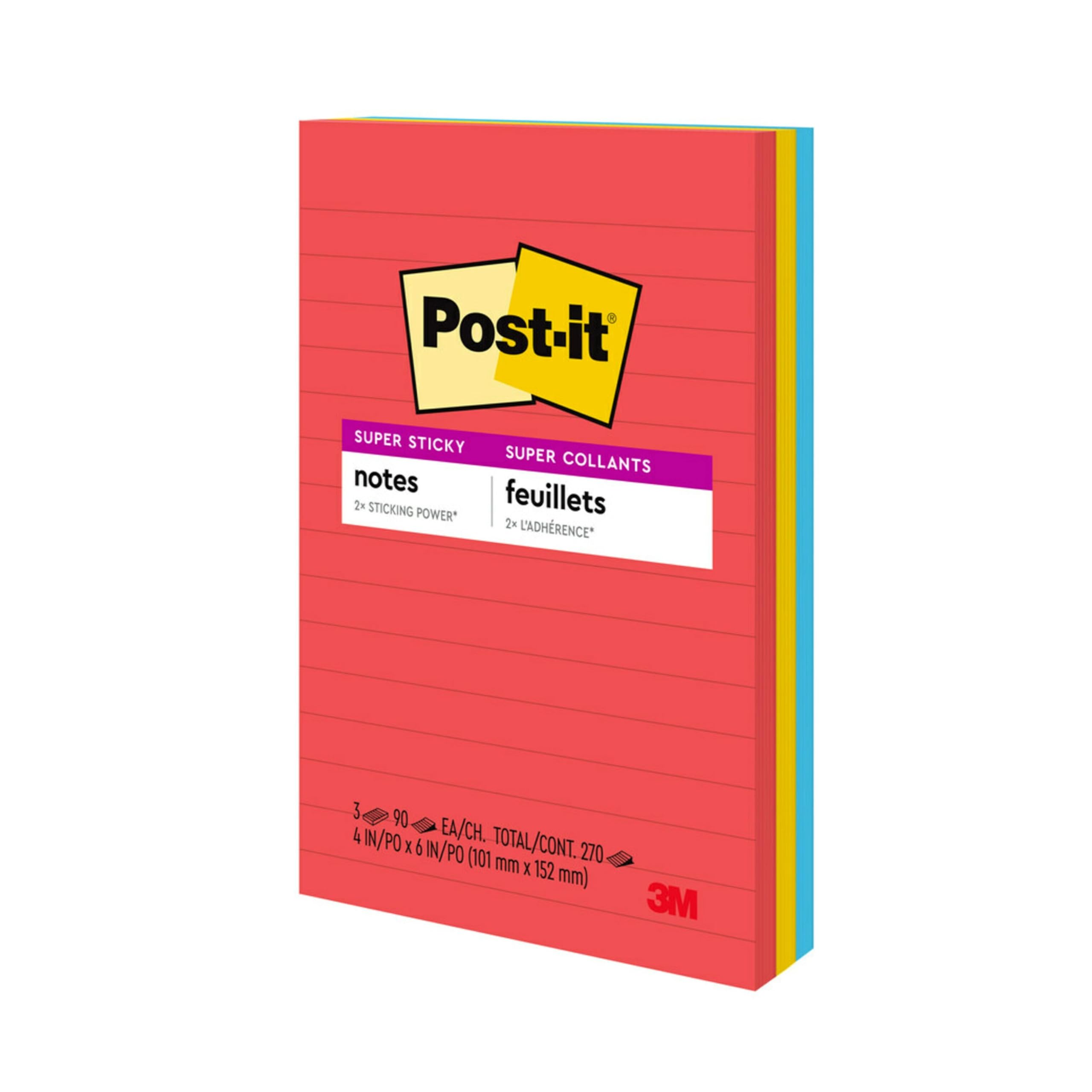 Post-it Super Sticky linierte Notizblöcke, 3 Haftnotizblöcke, 10,2 x 15,2 cm, Schulbedarf und Büroprodukte, ideal für Lehrbücher, Notizbücher, Wände und vertikale Oberflächen, Playful Primaries | Schulbedarf und Bürobedarf, 2-fache Haftkraft