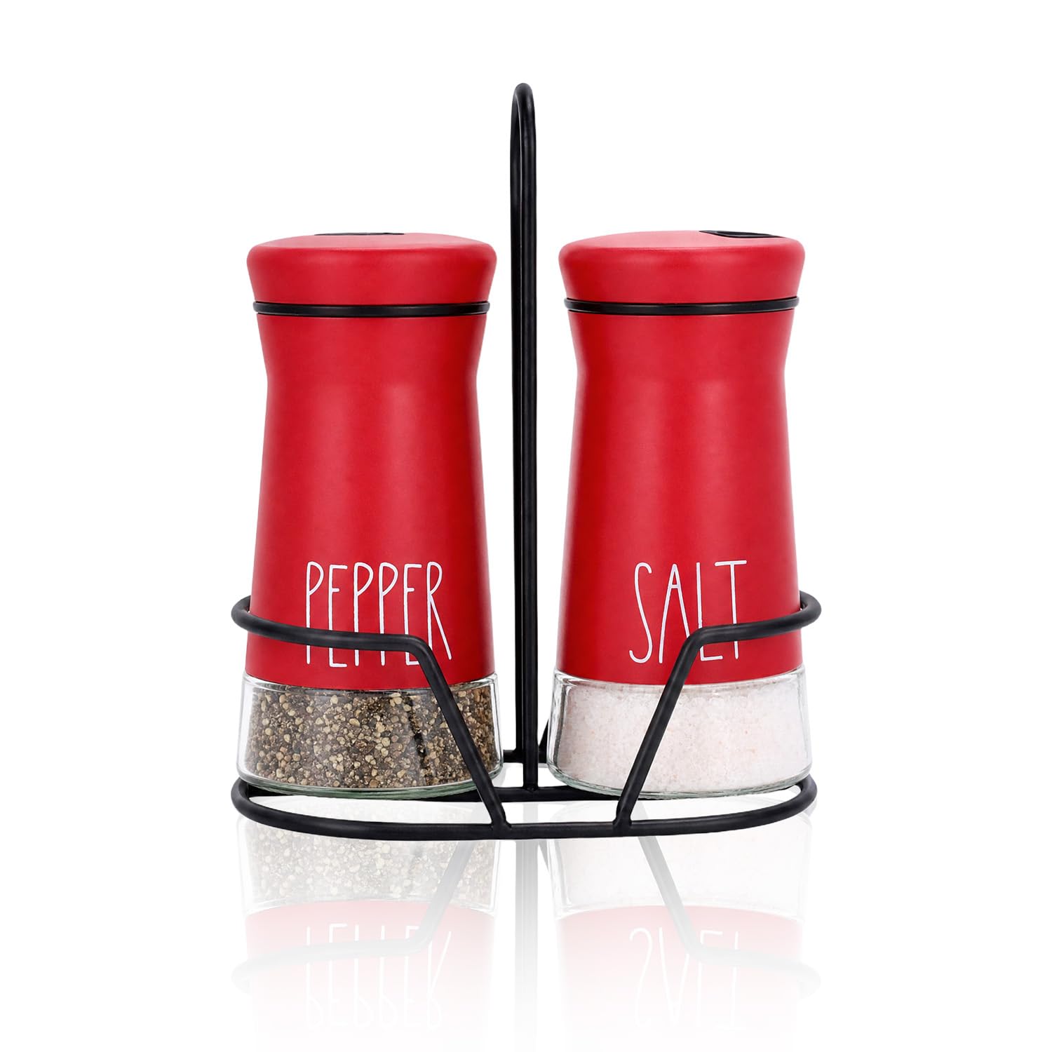 Aelga Farmhouse Salt &amp; Pepper Shakers with Holder, Adjustable Holes - Red