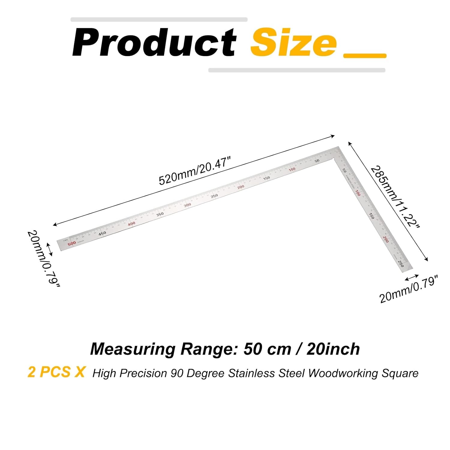 HARFINGTON 2Pcs Machinist Precision Square Ruler 20 Inch 90 Degree Stainless Steel Engineer Squares L-Type Right Angle Ruler Framing Tool for Professional Carpentry and Woodworking, Silver