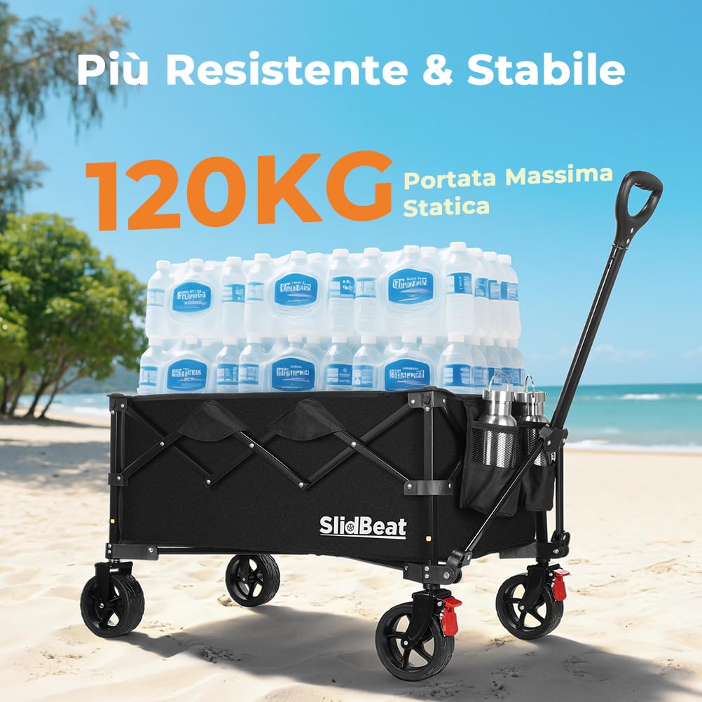 SLIDBEAT Carrello da Campeggio Portatile 120L, Carrello Spiaggia Ruote Grandi con Maniglia Regolabile, Carrello da Giardino Pieghevole Adatto a Tutti i Terreni