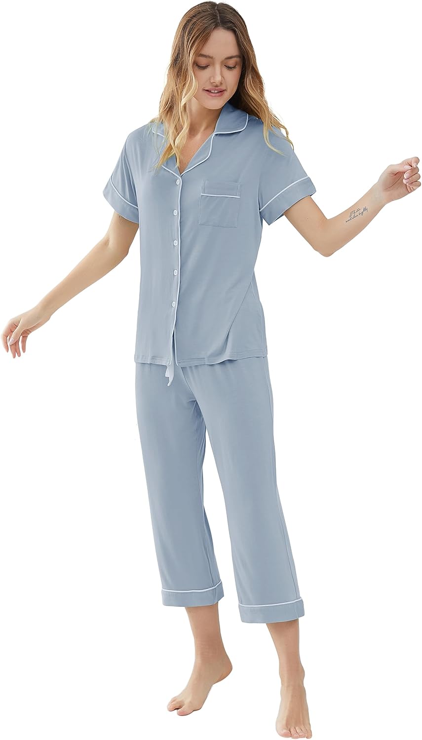 Joyaria Women Capri Pajamas Set Bamboo Viscose Pjs Short Sleeve Button Down Sleepwear - Image 4