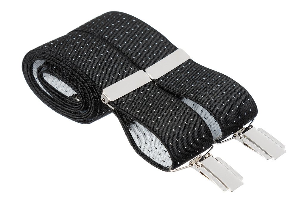 XL Black Braces for Trousers - X Back Clip On Trouser Braces Suspenders With Small Polka Dots Spots Strong Silver Colour Clips Extra Long 48 Inches (XL (48 Inches Long), Black With White Dots)