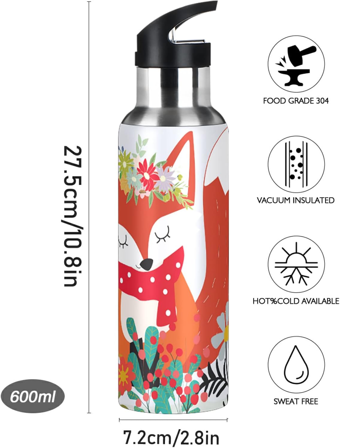 Fox Water Bottle Girls Kids Insulated Stainless Steel Hot Cold Water Flask Jug with Straw Lid for Sports Gym Running 20 oz - Image 4