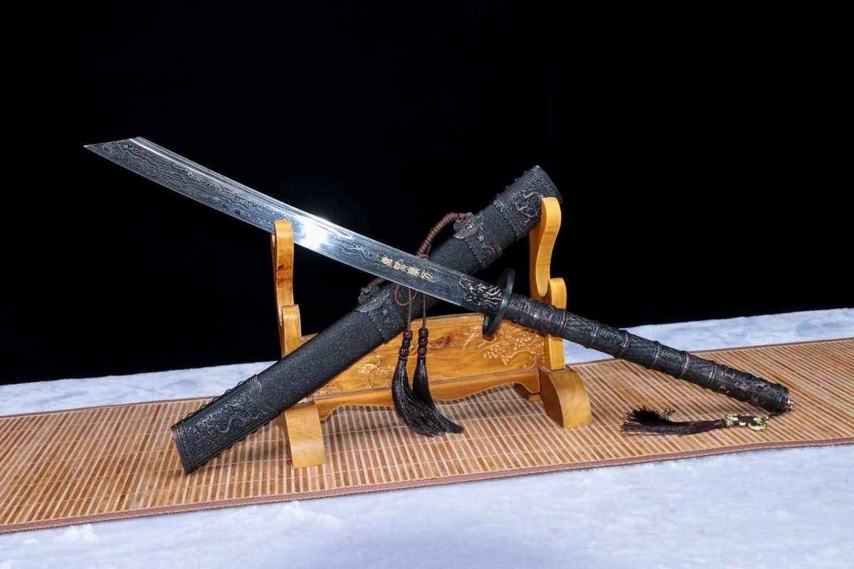 Chinese Sword,KangXi BaoDao,Handmade,Weapon(Damascus Blade,Alloy Fittings,Black Skin Scabbard)
