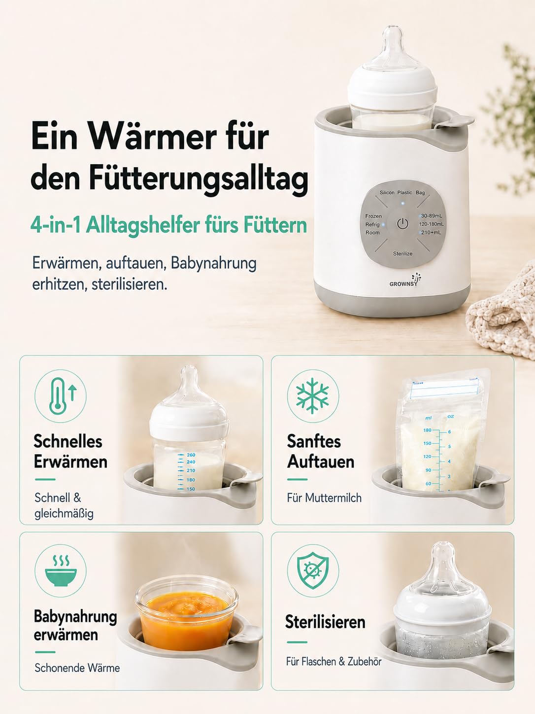 GROWNSY Intelligenter Baby Babykostwärmer, Flaschenwärmer mit Temperaturkontrolle, schneller Milchwärmer, sanftes Auftauen, Babynahrung erwärmen und Sterilisieren Babyflaschenwärmer