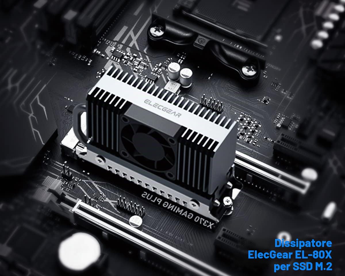 ElecGear EL-80X Dispositivo di Raffreddamento SSD M.2 2280, Ventola di Raffreddamento PWM + Heat pipe + Dissipatore di Calore Heatsink in Alluminio per 80mm PCIe NVMe e SATA SSD con Pad Termico