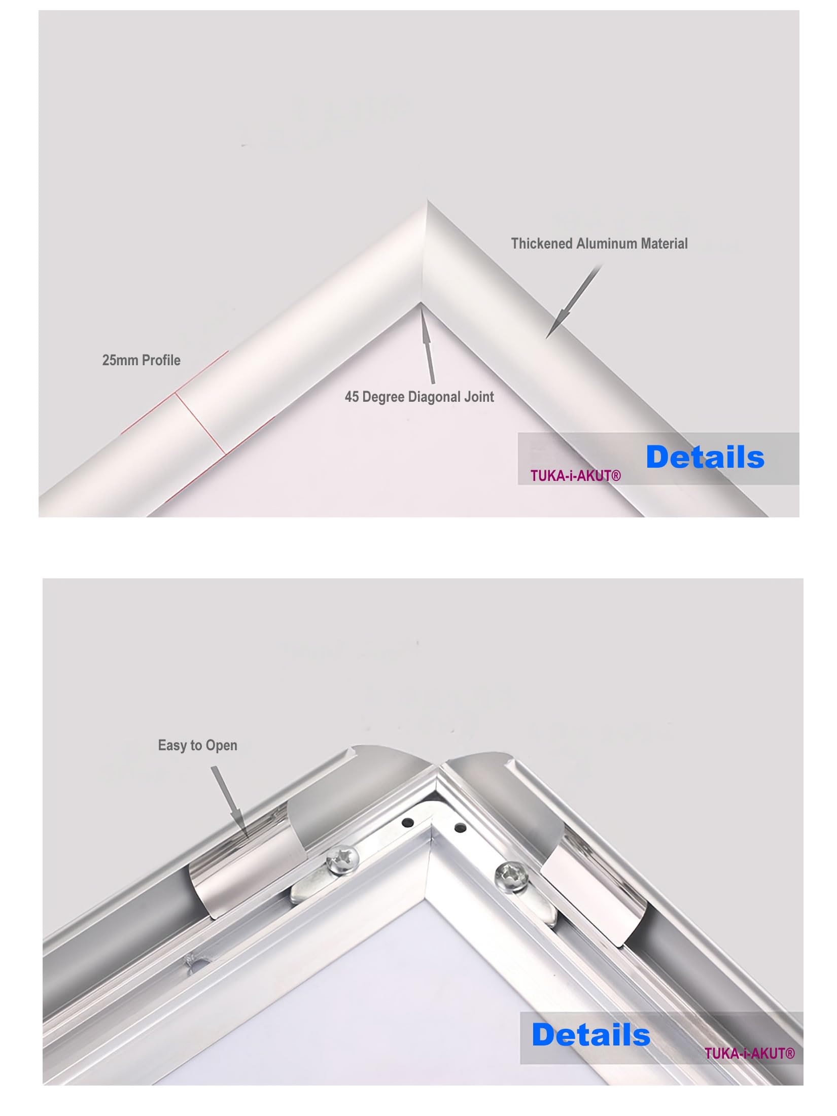 TUKA-i-AKUT 10er A1 Klapprahmen aus Aluminium 25 mm Profil, Plakatrahmen Wechselrahmen Poster Rahmen Schnapprahmen Aufklappbar mit Schutzscheibe Befestigungsmaterial, Silber Farbe, TKD8420-A1-10X