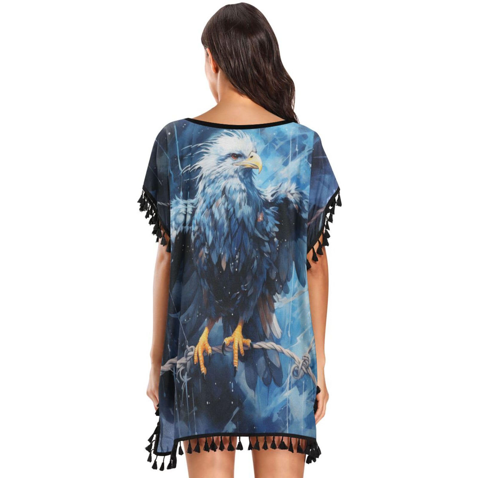Space Blue Animal Condor Women's Beach Cover Up Chiffon Tassel Swimwear Swimsuit Coverups for Girl