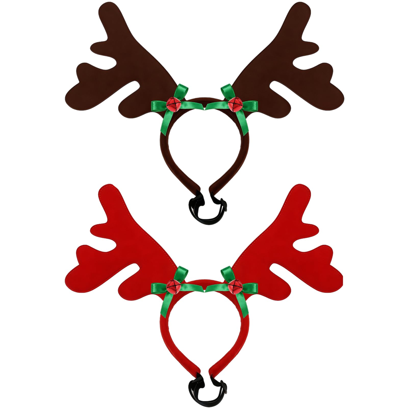 XNHIU 2 Pieces Dog Christmas Reindeer Antlers Headband Red and Brown Pet Costumes Accessories Large Plush Elk Antlers with Green Bows for Pet Headwear Holiday Costume