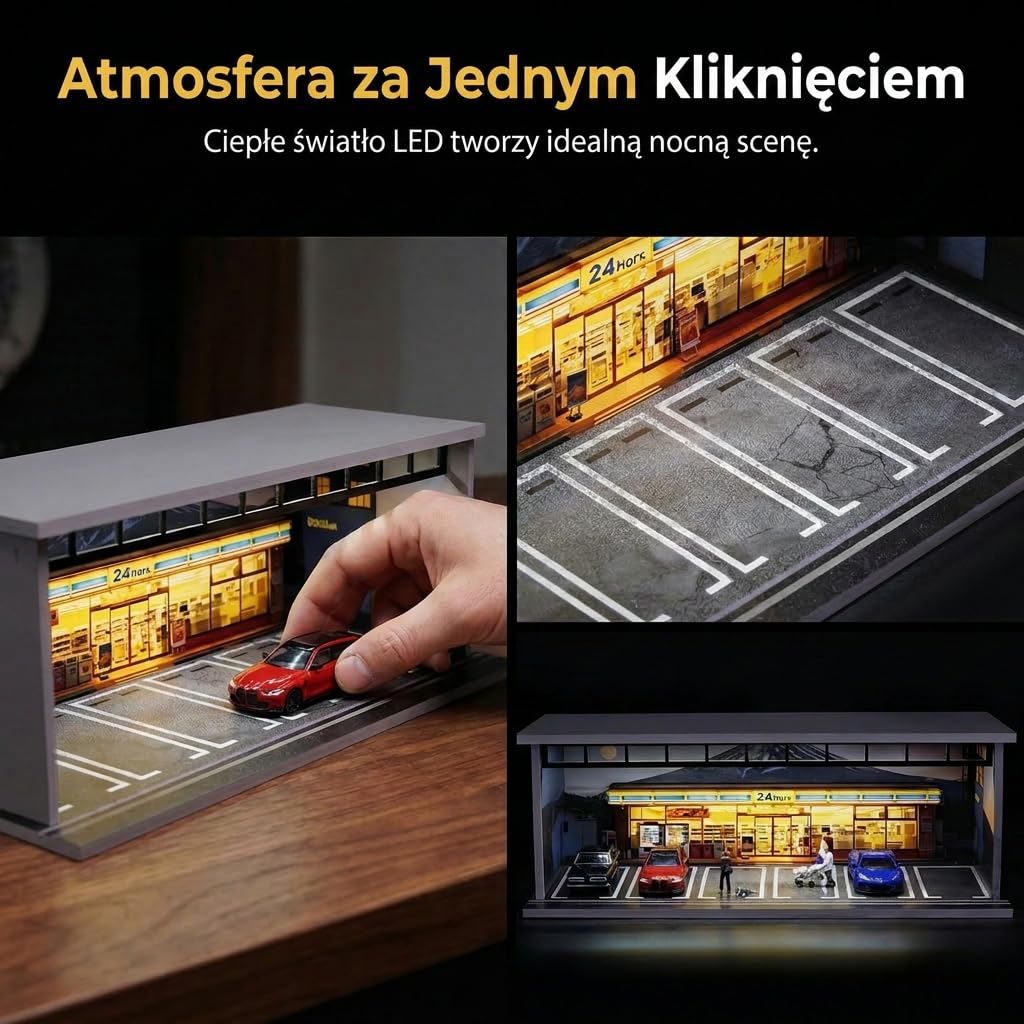 Gablota na modele samochodów 1:64, diorama garażowa z nadrukiem UV, osłona akrylowa, oświetlenie LED USB, 6 miejsc, kompatybilna z Hot Wheels i Matchbox - Japoński Sklep JDM
