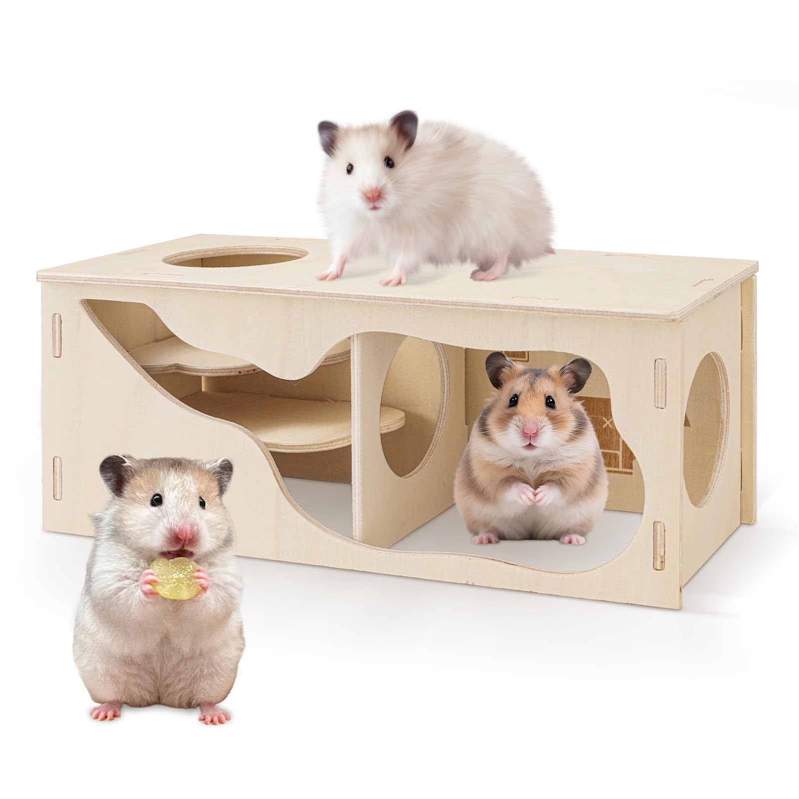 QZWEXAZ Multi Chamber Hamster Hideout Wooden House - Hamster Cage Accessories & Tunnels for Dwarf Hamsters, Syrian, Gerbils, Mice - Natural Wood Habitat Decor (Living Room)