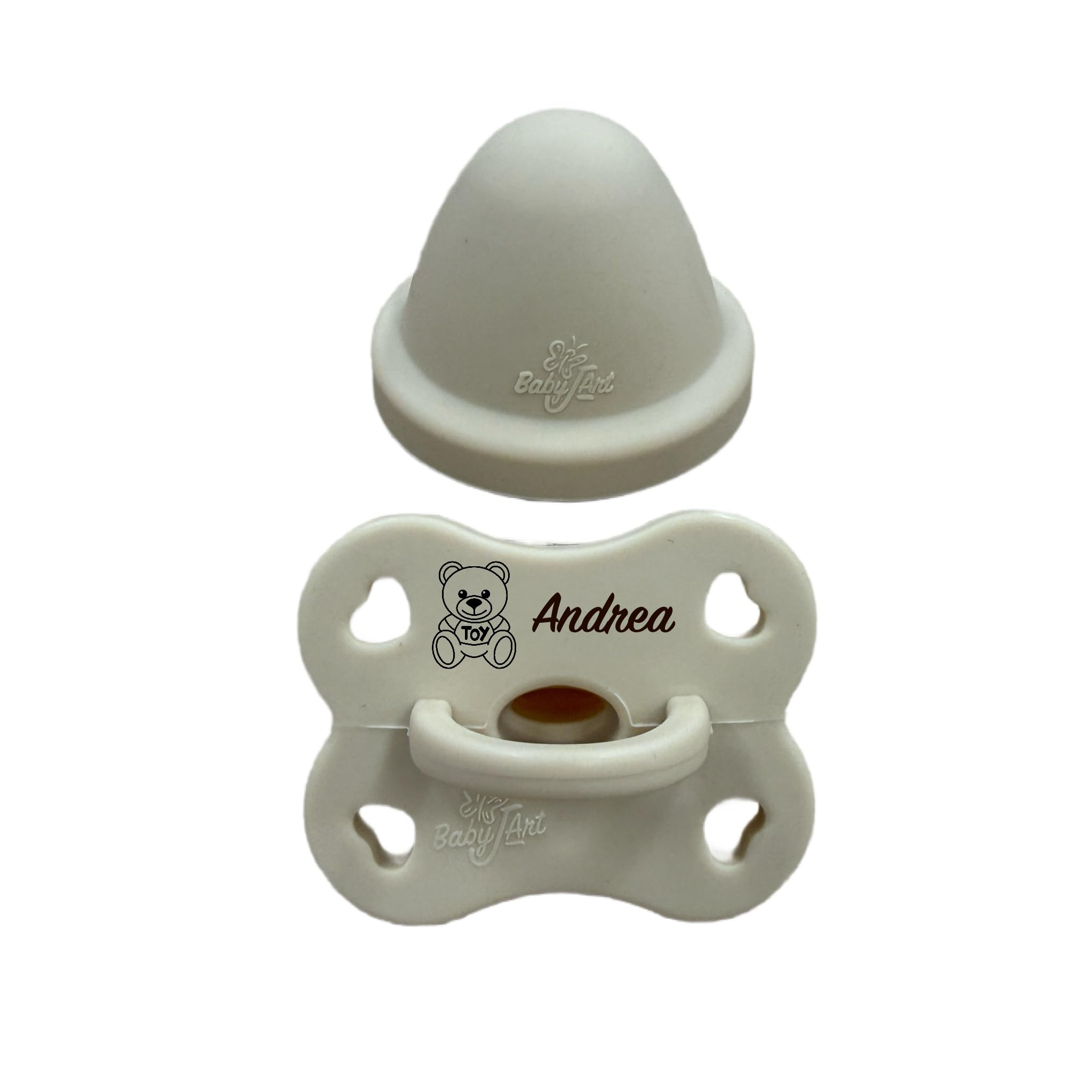 NOVITÁ Fettuccia IN SILICONE, per ciuccio personalizzata con nome, orsetto, BABYJART, lavabile,sicura per il bambino,compatibile con ciuccio MAM e CHICCO AZIENDA ITALIANA, MADE IN ITALY! Orso Beige