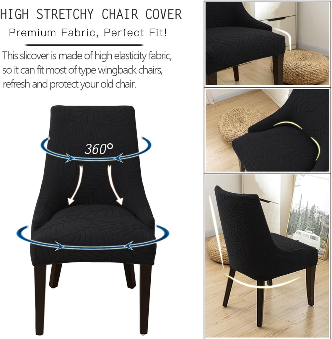 Stretch Wingback Chair Cover Slipcover Jacquard Dining Chair Covers Washable Arm Chair Protector Seat Cover,Kitchen Dining Chair Covers for Dining Room Banquet Home Decor (Black B, Set of 2)
