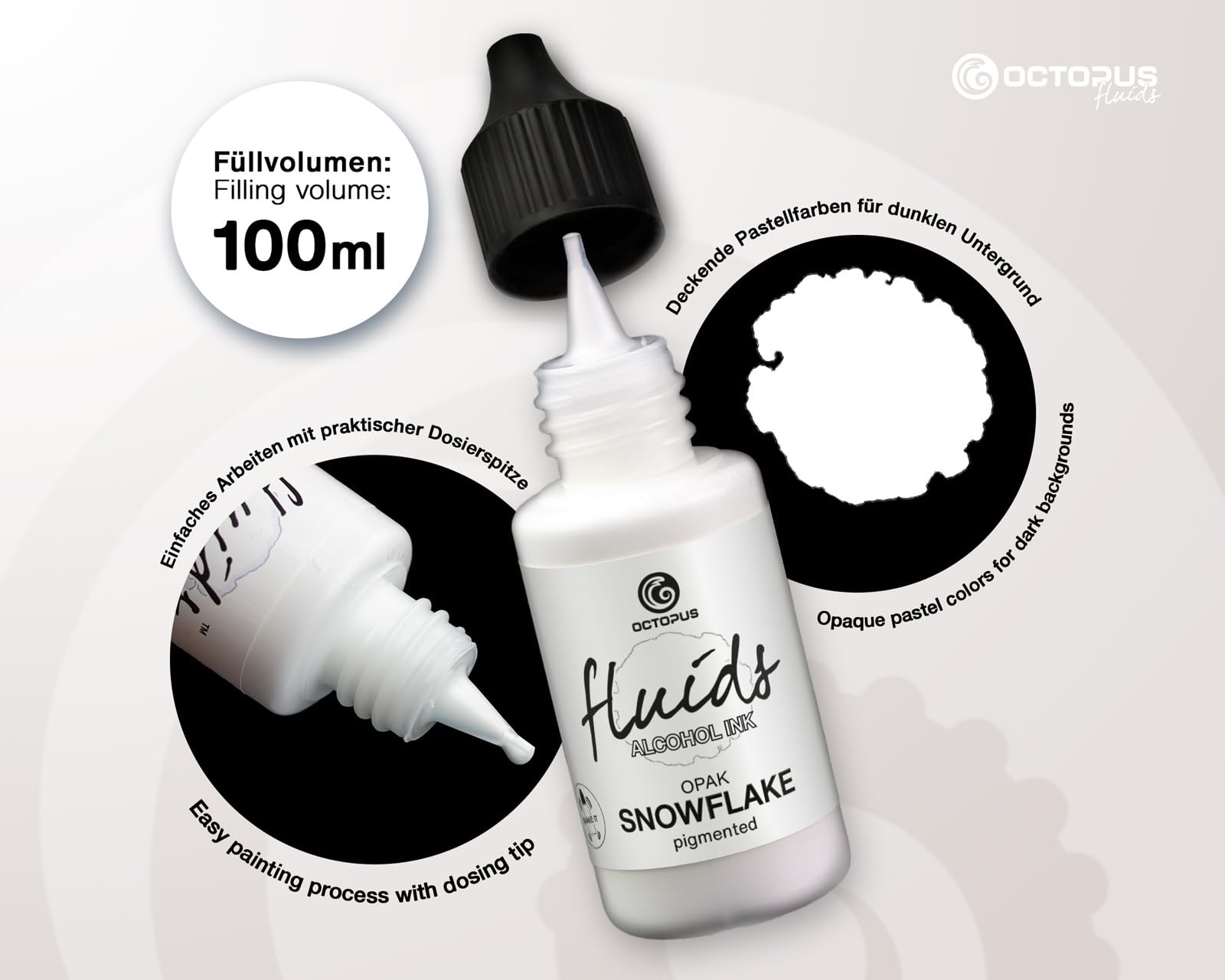 100 ml Fluids Alcohol Ink SNOWFLAKE, inchiostro ad alcool per Fluid Art, argilla polimerica e Resin Art, bianco, white, blanco