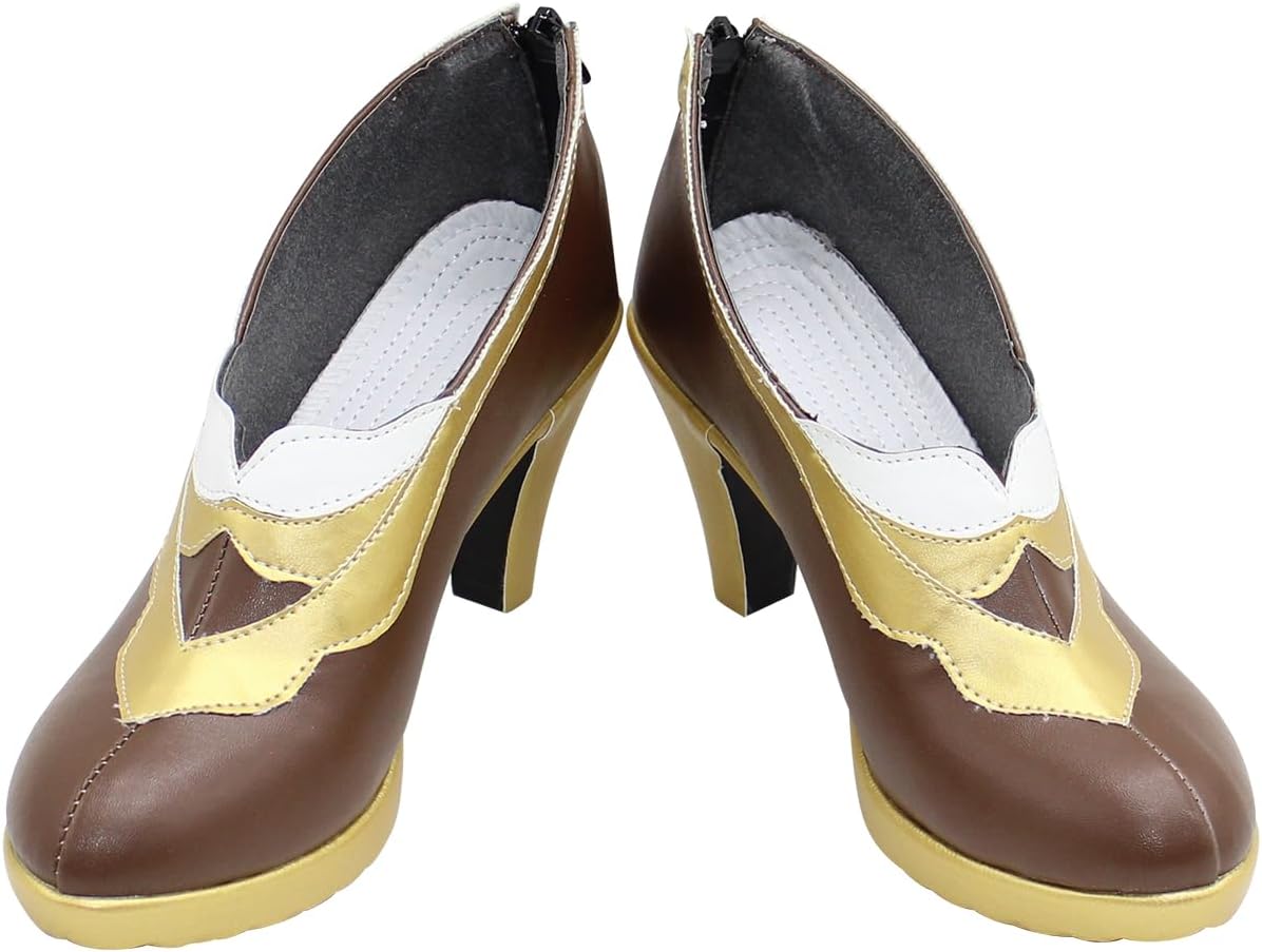 YuanCos Women's Brown & Gold Round Toe Heel Pumps Cosplay Shoes X002