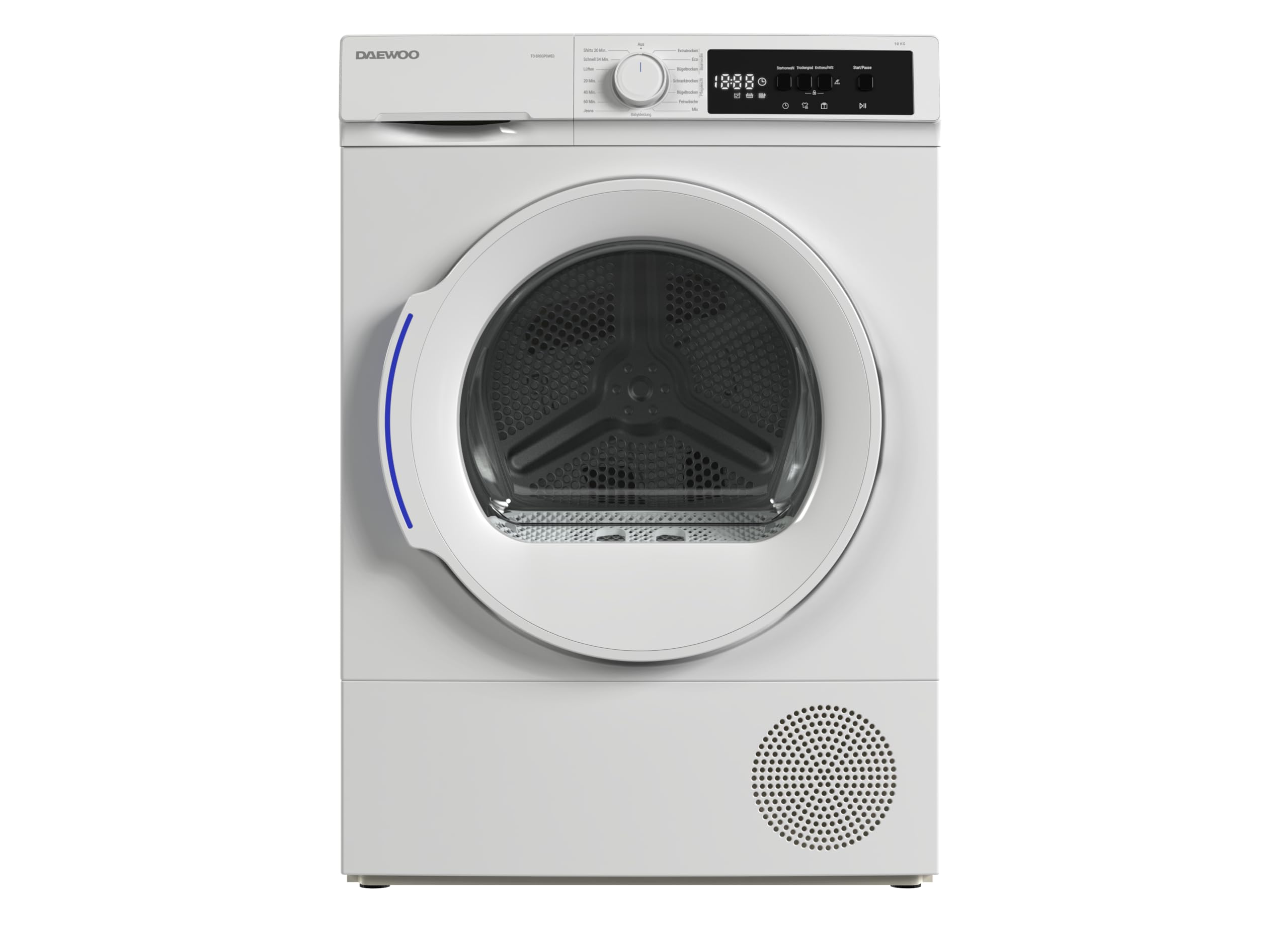 Daewoo TD-BR0GP0WE0-DE Wäschetrockner, 10kg, E, 15 Trockenprogramme inkl. 20-Minuten-Schnelltrockenprogramm, Weiß