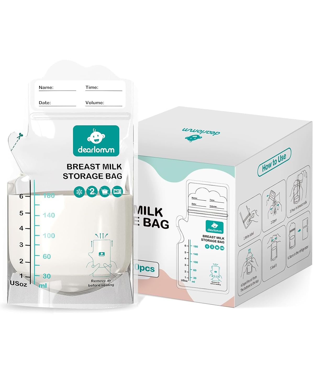 dearlomum BPA-Free Breastmilk Storage Bags - 200 Pcs, 6 Ounce, Self-Standing with Pour Spout, Space-Saving Flat Profile, Ideal for Convenient