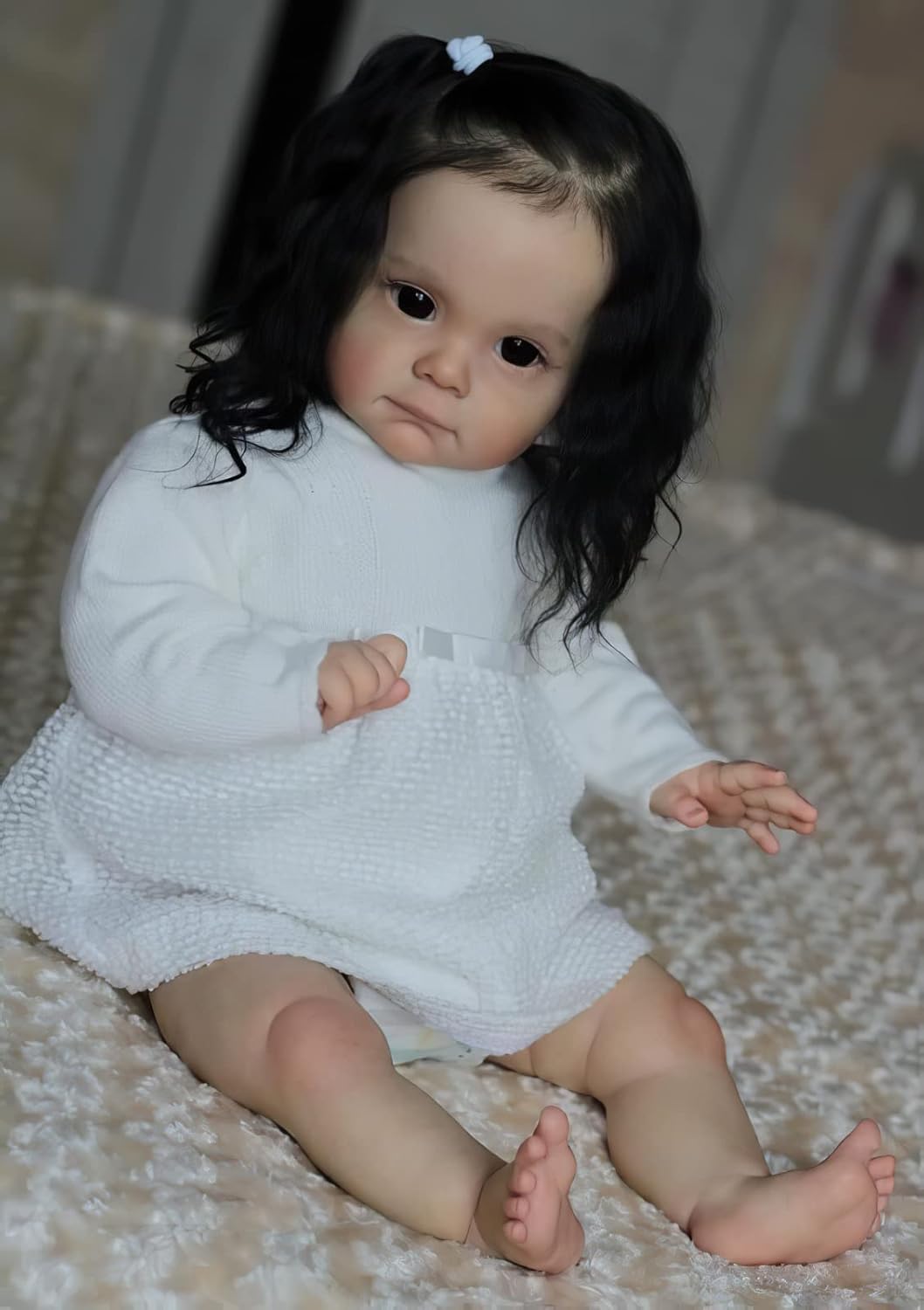 Wamdoll 24 inches 60CM Lifelike Huge Size Soft Touch Reborn Baby Dolls with Rooted Black Hair Look Real Detailed Painting Realistic Newborn Princess Toddler Maggi Gift Set for Ages Kids 3+