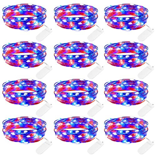 Image of Brightown 4th of July Decor Patriotic Fairy Lights, 7 FT. Silver Wire Red White Blue String Lights, Firefly Starry Moon Lights, Micro LED Mini Fairy Lights for Jars DIY Picture Wedding