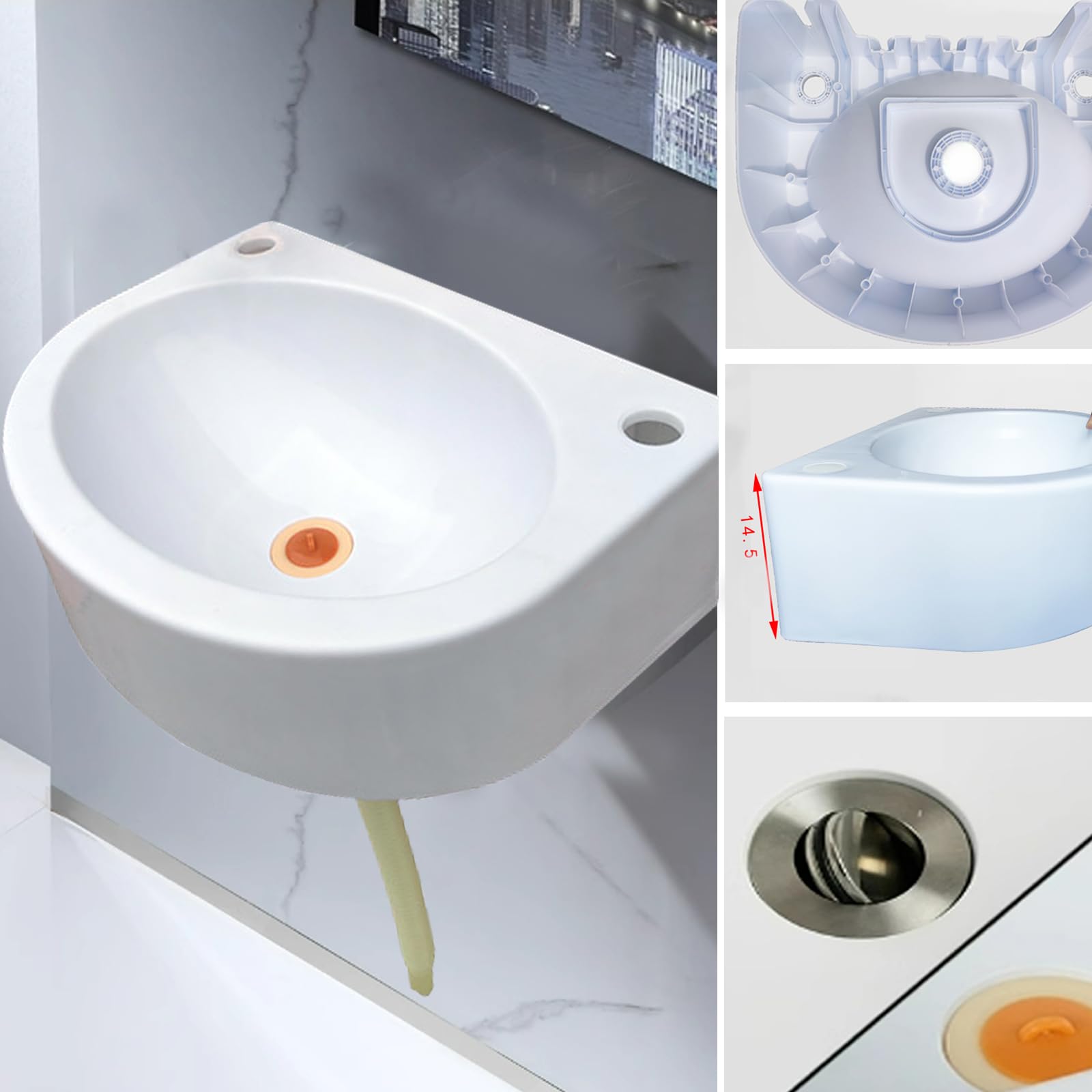 Lavello semicircolare, lavello di plastica con tubo di drenaggio, piccolo applicazione del lavello del bagno, uso interno ed esterno[Tubo di drenaggio della testa d'acciaio 75cm]