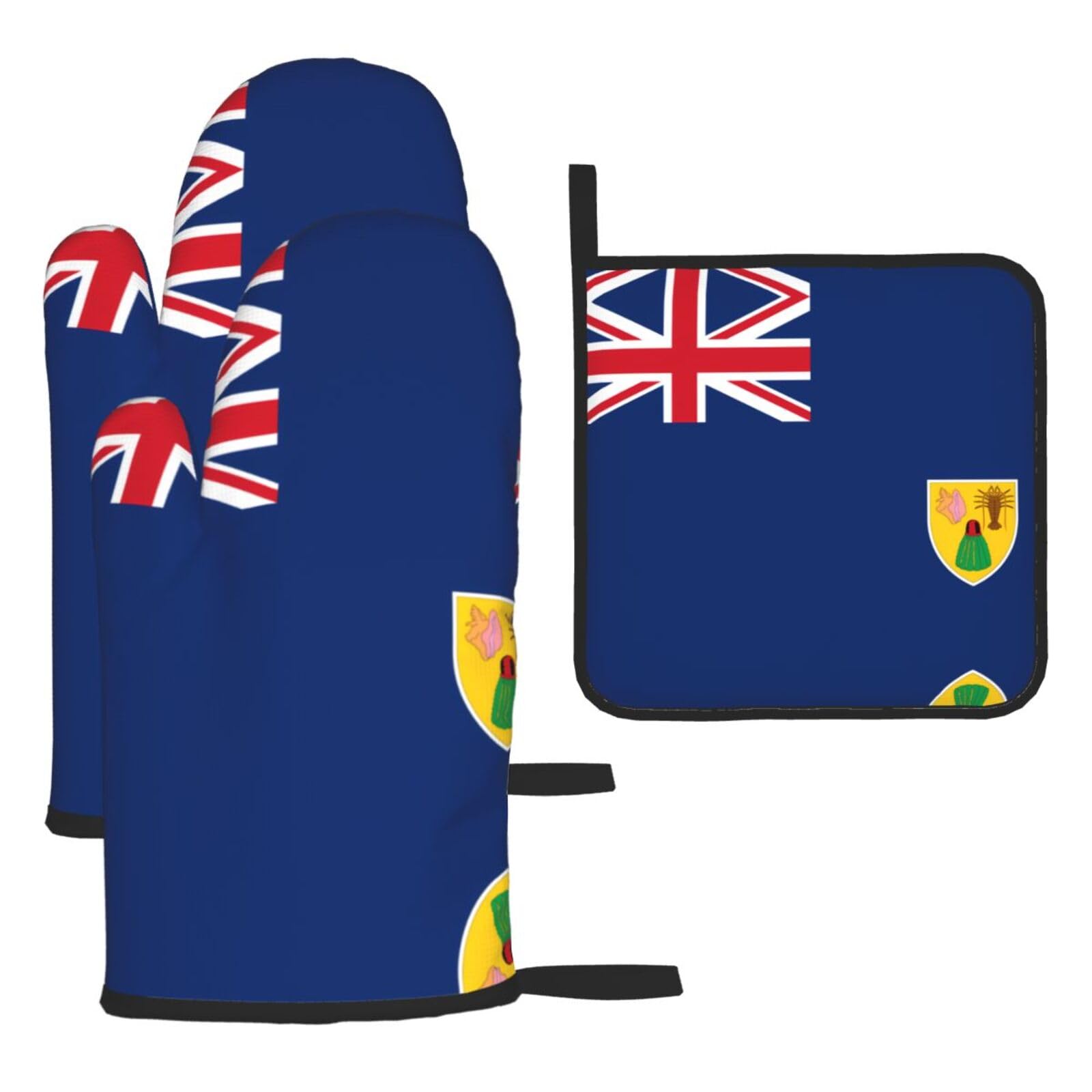 Flag of the Turks and Caicos Islands Printed Oven Mitt Set 3-Piece | Heat Resistant Gloves & Pot Holder Mat for Cooking, Baking & BBQ