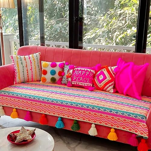 Image of WWW.THROWPILLOW.IN Rainbow Aztech Pattern with Multicoloured Tassels Three Seater Anti-Slip Tassel Sofa Cover 3 Seater- Heavy-Duty, Scratch-Resistant-Sofa Seat Cover 3 Seater