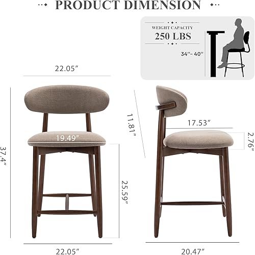 Miniatura 2 de COLAMY Juego de 2 taburetes de bar, taburetes de bar tapizados con patas de madera para cocina, isla de comedor, color camello