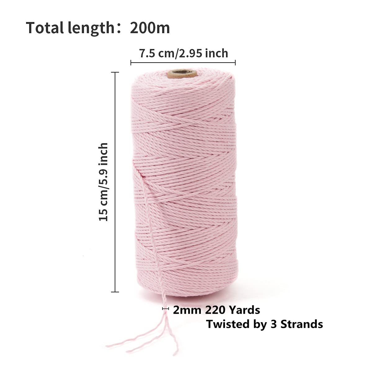 POZEAN sznurek do makramy, 2 mm x 220 m (ok. 200 m), kolorowa lina do makramy, 100% naturalna bawełniana lina do powieszenia na ścianie, wieszaki na rośliny, rękodzieło, dziewiarstwo, Boże Narodzenie,