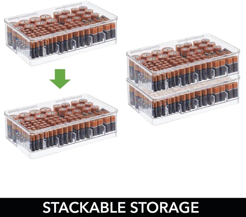 mDesign Plastic Large Stackable Divided Battery Storage Organizer Box with Hinged Lid for AA, AAA, C, D, 9 Volt Sizes, Great Storage for Kitchens, Home Offices, and Utility Rooms - Clear