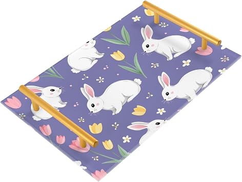 Vanity Tray for Bathroom Countertop OrganizerRabbit Tulip Flowers Tray Bathroom Vanity Organizer for Perfume Makeup Kitchen Counter Coffee Table Decor